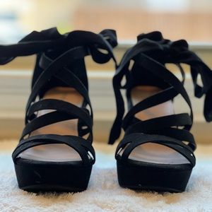 Black Ankle Wrap Wide Fit Wedges